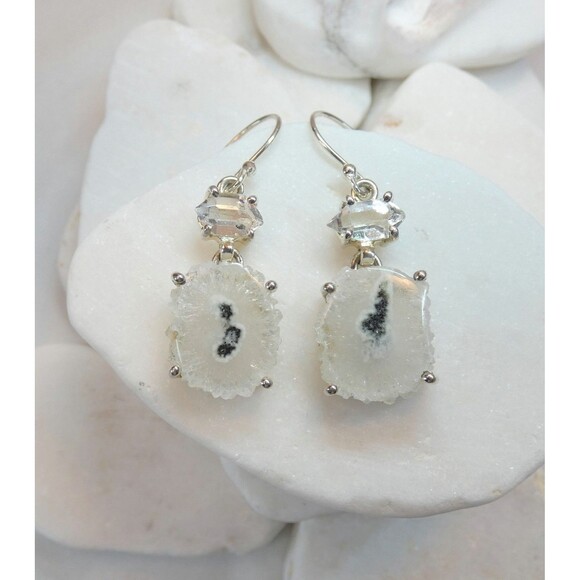 Solar Eye Quartz Water Clear Herkimer Diamond Sterling Silver Dangle Earrings - Picture 7 of 8